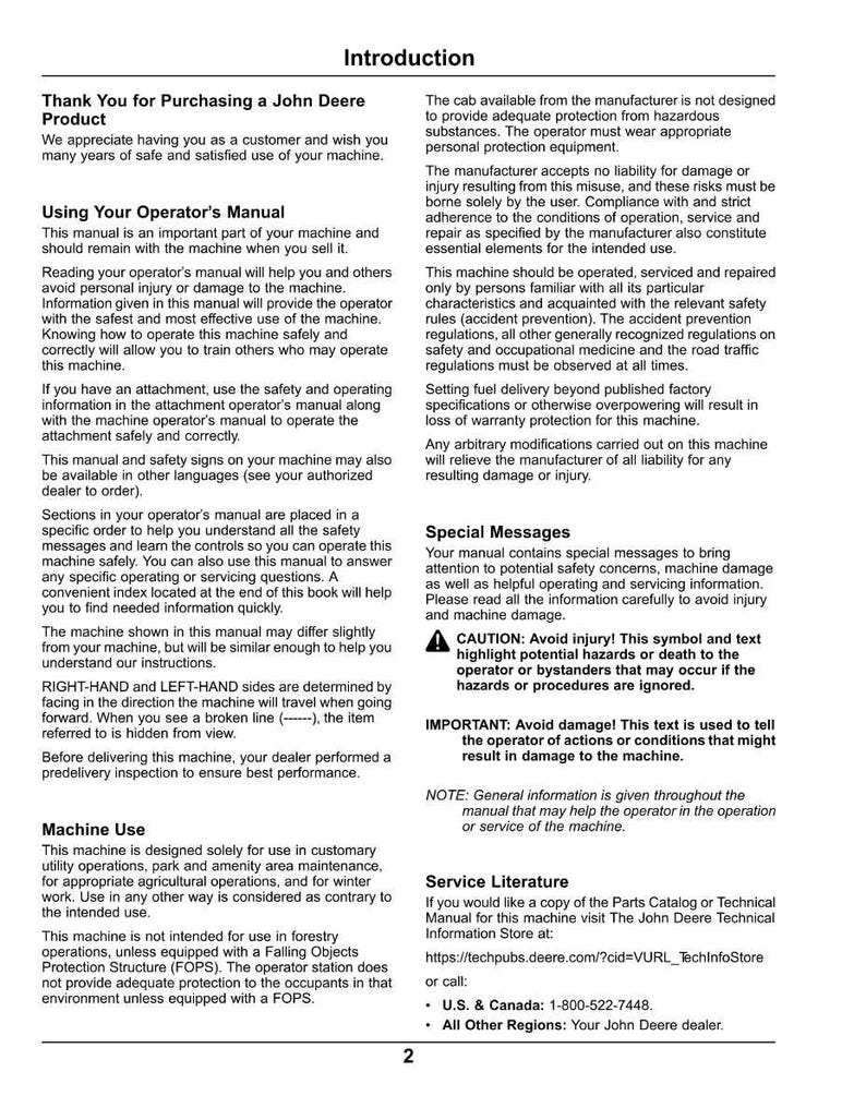 May include: A page from a John Deere operator's manual, featuring safety instructions and warnings. The manual includes sections on machine use, special messages, and service literature, with a caution symbol.