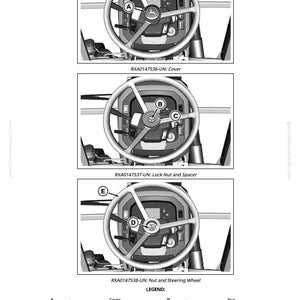 May include: Diagram showing a tractor steering wheel assembly, including the cover, lock nut, spacer, nut, and steering wheel. Labels A, B, C, D, and E are present, along with the text "Disconnect battery negative (-) cable."