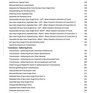 May include: A detailed table of contents from a manual, featuring various sections on transmission components like feed drums, gathering drums, and mulching units. The text is in black on a white background.