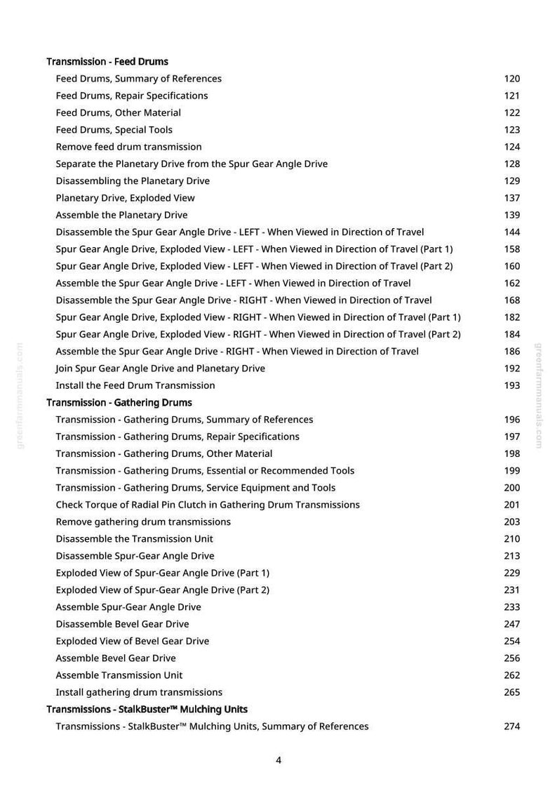 May include: A detailed table of contents from a manual, featuring various sections on transmission components like feed drums, gathering drums, and mulching units. The text is in black on a white background.