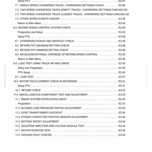 May include: A page from the "Statex III Electrical Checkout Procedure" manual, featuring a detailed table of contents. It lists checks for speed events, retard speed control, and load tests. The text is black on a white background.
