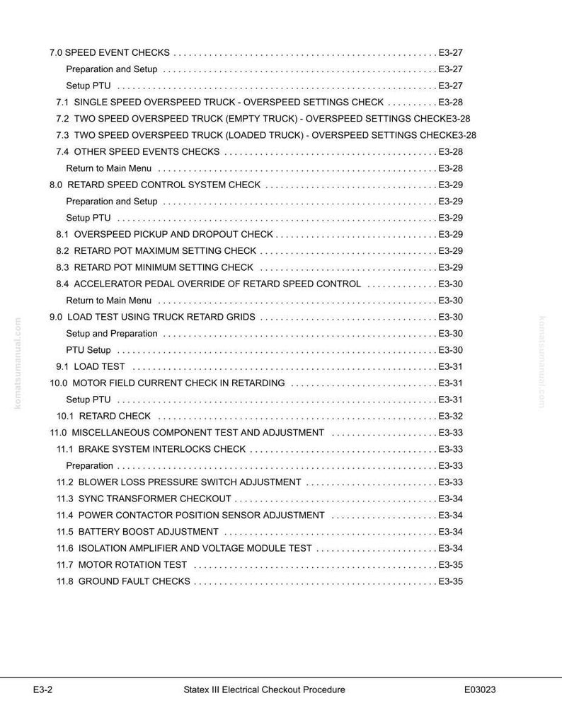 May include: A page from the "Statex III Electrical Checkout Procedure" manual, featuring a detailed table of contents. It lists checks for speed events, retard speed control, and load tests. The text is black on a white background.