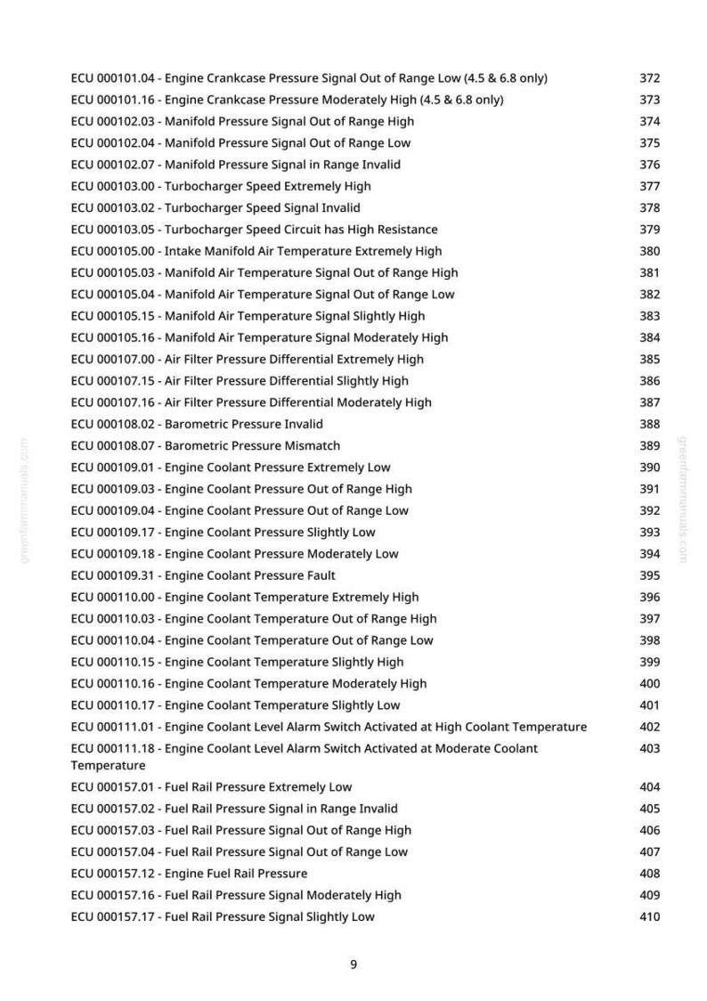 May include: A page from a manual with a list of engine diagnostic trouble codes, including descriptions like "Engine Coolant Pressure Extremely Low" and "Fuel Rail Pressure Signal Moderately High". The page number is 9.