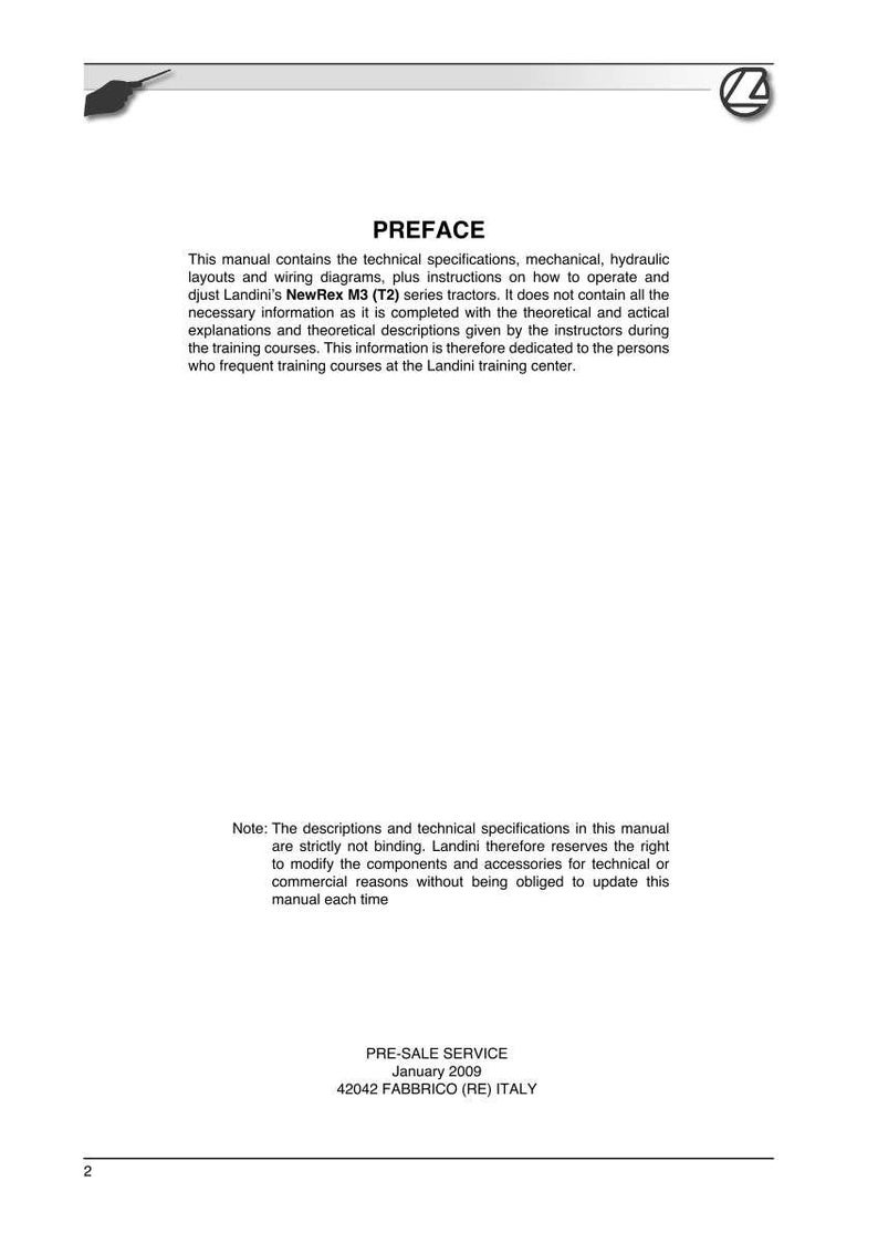 Op de afbeelding: Een witte handleidingpagina met de titel "PREFACE" en tekst die technische specificaties, schema's en instructies voor Landini NewRex M3 (T2) tractoren beschrijft. Bevat de tekst "PRE-SALE SERVICE Januari 2009".