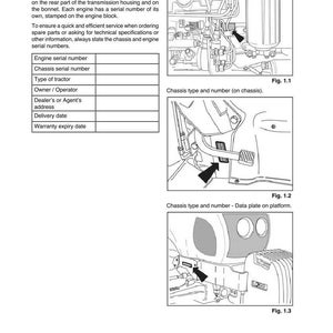 May include: Diagram from a tractor manual showing tractor identification. Includes illustrations of chassis and data plate locations. Text includes "Tractor identification" and details on serial numbers.