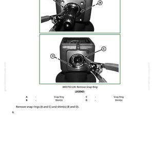 May include: Diagram illustrating the removal of snap rings and shims from a mechanical component. The image shows two detailed views with labels A, B, C, and D, and the text "W03753-UN: Remove Snap Ring".