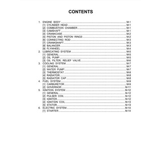 Pu&ograve; includere: Una pagina bianca con il titolo "MECCANISMO" e l'intestazione "CONTENUTI". La pagina elenca vari componenti del motore, tra cui il corpo motore, il sistema di lubrificazione, il sistema di raffreddamento, il sistema di alimentazione, il sistema di accensione e il sistema elettrico. Il documento &egrave; datato 2014.