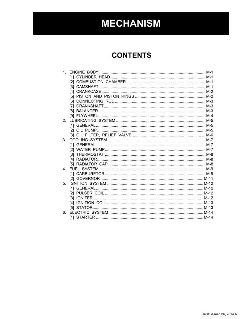 Pu&ograve; includere: Una pagina bianca con il titolo "MECCANISMO" e l'intestazione "CONTENUTI". La pagina elenca vari componenti del motore, tra cui il corpo motore, il sistema di lubrificazione, il sistema di raffreddamento, il sistema di alimentazione, il sistema di accensione e il sistema elettrico. Il documento &egrave; datato 2014.