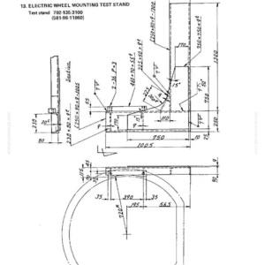 Puede incluir: Dibujo t&eacute;cnico de un banco de pruebas para montaje de ruedas el&eacute;ctricas, con dimensiones en mil&iacute;metros. El diagrama incluye vistas superior, lateral y frontal, con medidas y anotaciones detalladas. El texto incluye el t&iacute;tulo, el n&uacute;mero de modelo y los datos de contacto.