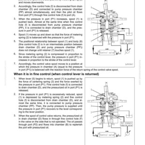 Op de afbeelding: Diagram van een onderdeel van een werkmaterieel systeem, met details over de structuur en functie van een regelklep. Inclusief labels voor poorten, kamers en veren, met uitleg in tekst.
