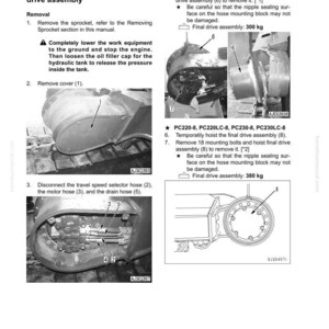 May include: Diagram from a manual detailing the removal and installation of a final drive assembly. The image includes step-by-step instructions, diagrams, and specifications, including a final drive assembly weight of 300 kg and 380 kg.