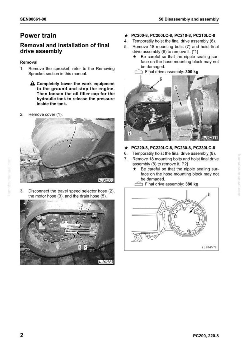 May include: Diagram from a manual detailing the removal and installation of a final drive assembly. The image includes step-by-step instructions, diagrams, and specifications, including a final drive assembly weight of 300 kg and 380 kg.