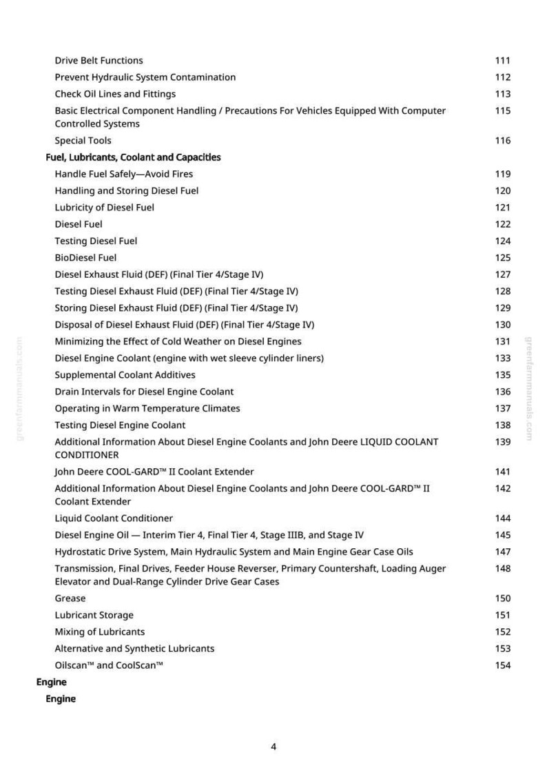 K&ouml;nnte beinhalten: Ein detailliertes Inhaltsverzeichnis aus einem Handbuch, das Themen zu Dieselmotoren, K&uuml;hlmitteln und Kraftstoffsystemen auflistet. Der Text umfasst Abschnitte zu Wartung, Betrieb und Sicherheitsverfahren.