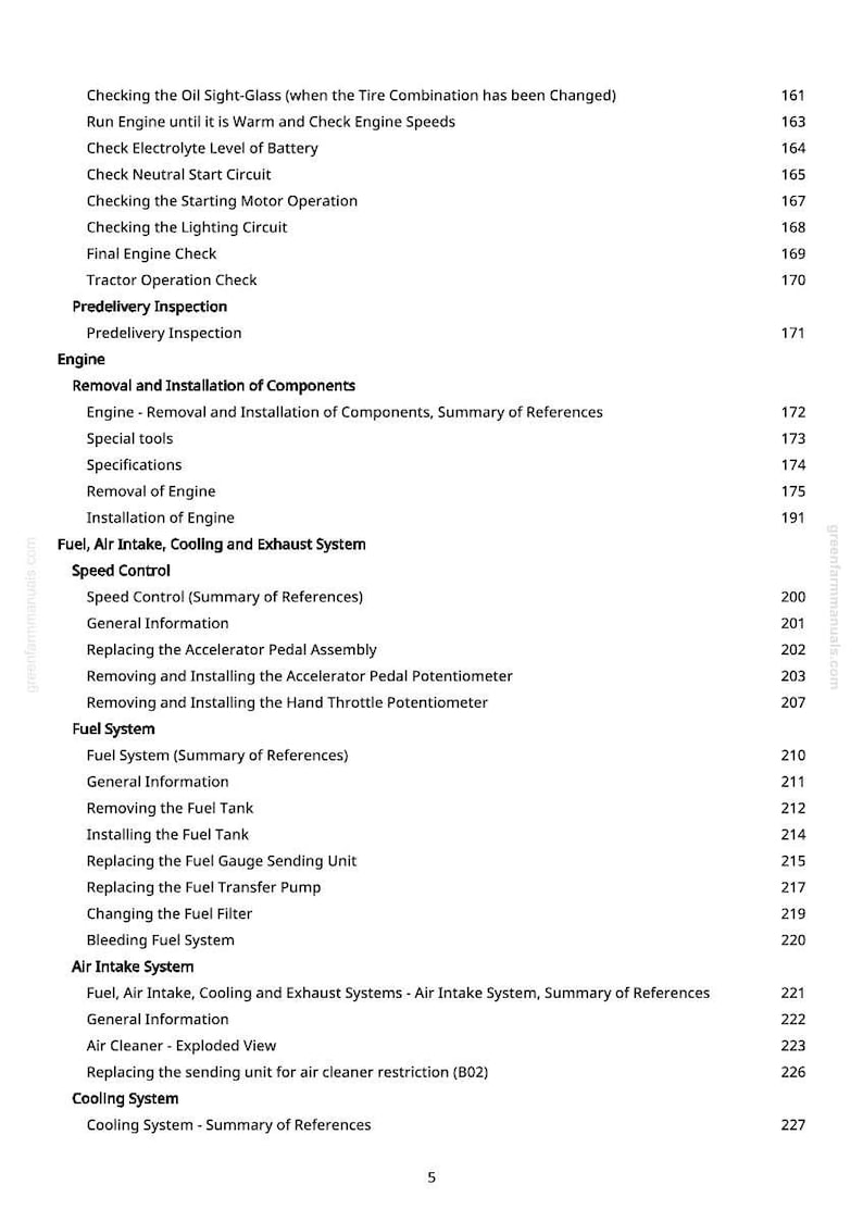 May include: A white-background page from a manual with a table of contents. The text includes engine checks, fuel systems, and air intake systems. Page numbers are listed on the right side.