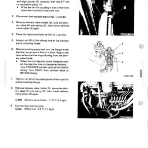 May include: Technical diagram with instructions for testing and adjusting fuel injection timing. Includes numbered steps, diagrams of engine components, and measurements in kgm. The text includes instructions for rotating the crankshaft and aligning pointers.