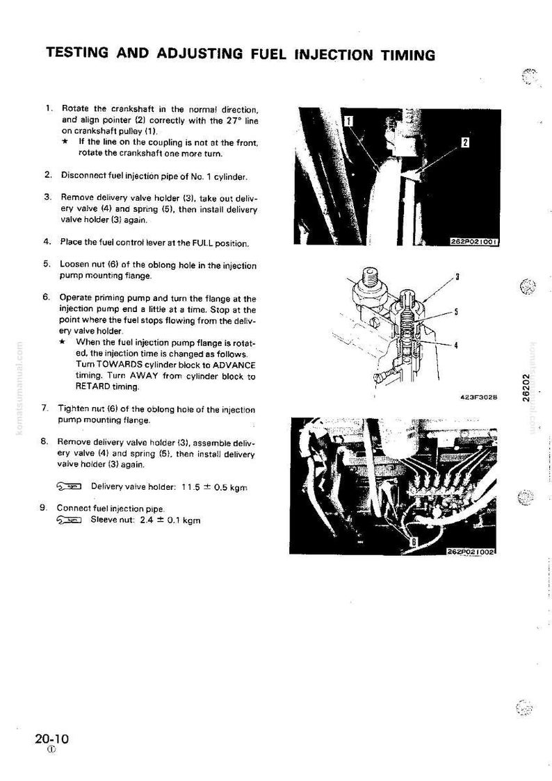 May include: Technical diagram with instructions for testing and adjusting fuel injection timing. Includes numbered steps, diagrams of engine components, and measurements in kgm. The text includes instructions for rotating the crankshaft and aligning pointers.