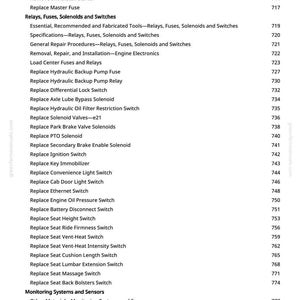 Puede incluir: Una p&aacute;gina de manual con un &iacute;ndice. El texto incluye "Circuito de arranque", "Rel&eacute;s, fusibles, solenoides e interruptores" y "Sistemas y sensores de monitoreo". Los n&uacute;meros de p&aacute;gina se enumeran a la derecha.