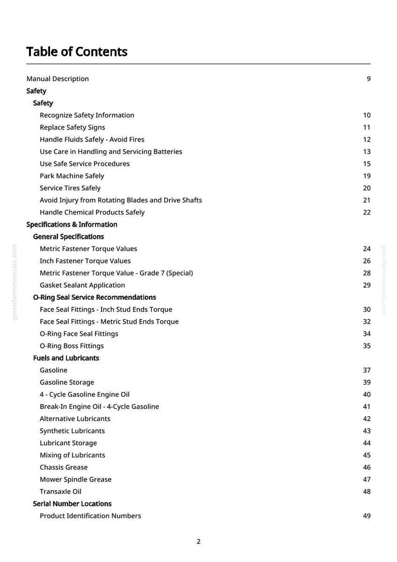 May include: A white page titled "Table of Contents" from a manual. The table lists safety, specifications, fuels, lubricants, and serial number locations. Page numbers are on the right.