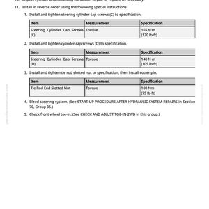May include: A manual page detailing steering cylinder maintenance procedures. Instructions include removing and installing components, with torque specifications provided in Newton-metres and pound-feet. The text is black on a white background.