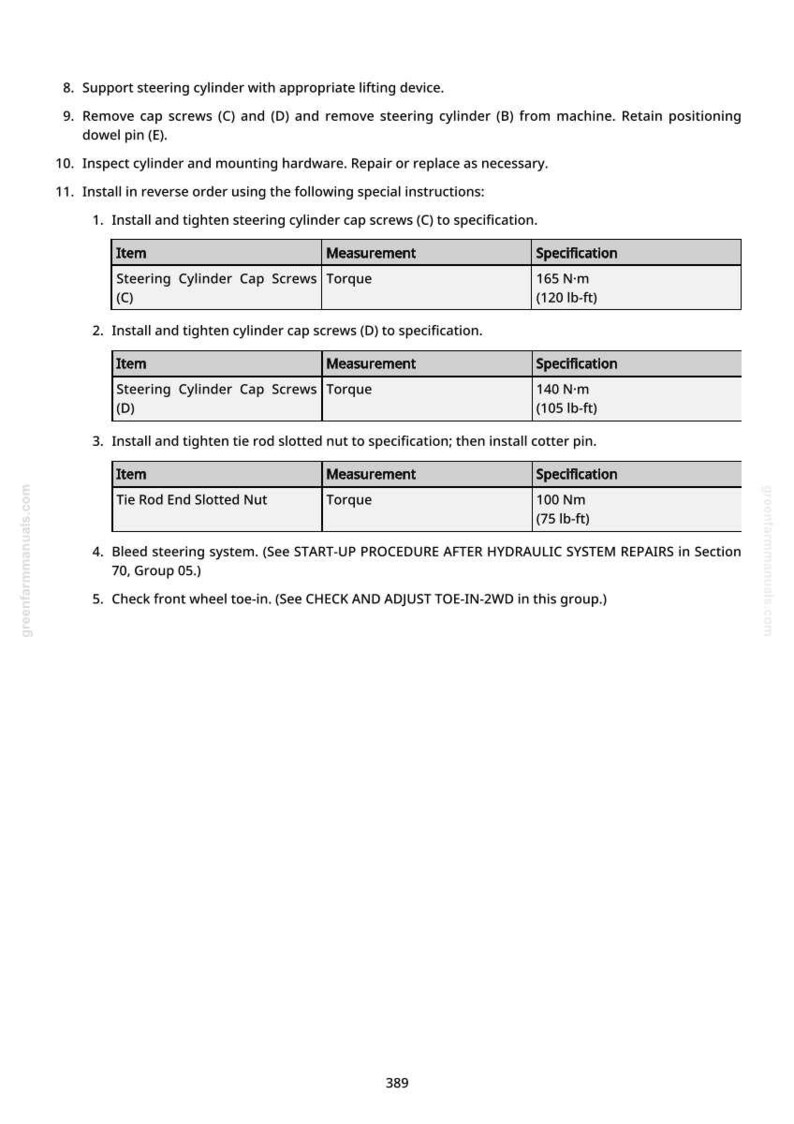May include: A manual page detailing steering cylinder maintenance procedures. Instructions include removing and installing components, with torque specifications provided in Newton-metres and pound-feet. The text is black on a white background.