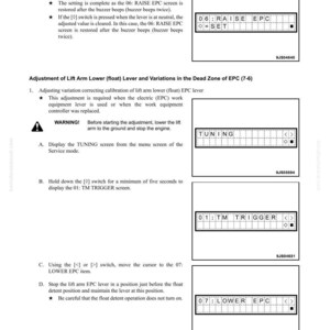 K&ouml;nnte beinhalten: Eine Seite aus einem Handbuch f&uuml;r Maschinen&uuml;berwachungssysteme, das Test- und Einstellverfahren detailliert. Der Text enth&auml;lt Anweisungen f&uuml;r EPC-Einstellungen und Hebelarmanpassungen mit Diagrammen von Steuerbildschirmen. Das Dokument ist mit WA500-6 gekennzeichnet.