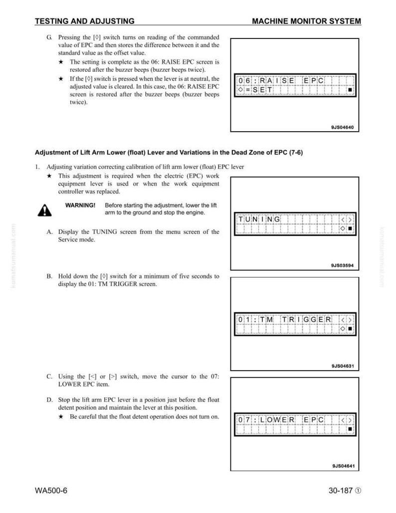 K&ouml;nnte beinhalten: Eine Seite aus einem Handbuch f&uuml;r Maschinen&uuml;berwachungssysteme, das Test- und Einstellverfahren detailliert. Der Text enth&auml;lt Anweisungen f&uuml;r EPC-Einstellungen und Hebelarmanpassungen mit Diagrammen von Steuerbildschirmen. Das Dokument ist mit WA500-6 gekennzeichnet.