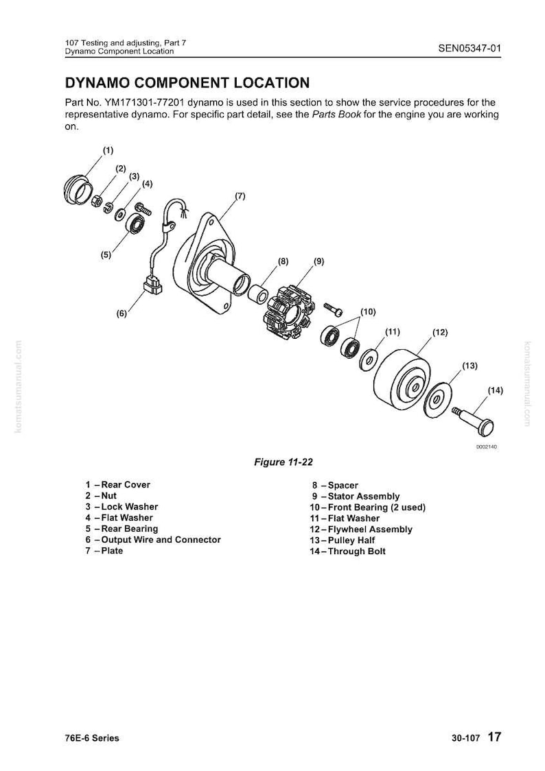 May include: Diagram showing the location of dynamo components, including a rear cover, nut, lock washer, flat washer, rear bearing, output wire, plate, spacer, stator assembly, front bearing, flywheel assembly, pulley half, and through bolt.