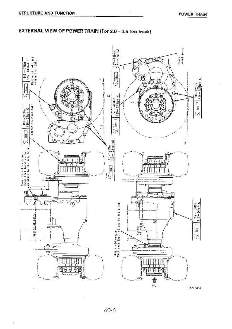 K&ouml;nnte beinhalten: Detaillierte technische Zeichnung eines Antriebsstrangs f&uuml;r einen 2,0-2,5 Tonnen LKW. Das Diagramm enth&auml;lt beschriftete Komponenten, Drehmomentangaben in Newtonmetern und psi sowie eine Au&szlig;enansicht des Systems. Der Text enth&auml;lt "STRUKTUR UND FUNKTION" und "AUSSENANSICHT DES ANTRIEBSSTRANGS".