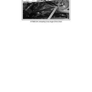 May include: Black and white diagram of a machine's internal components, including a cross auger drive chain. The diagram is labeled with the text "H77800-UN: Unloading Cross Auger Drive Chain."