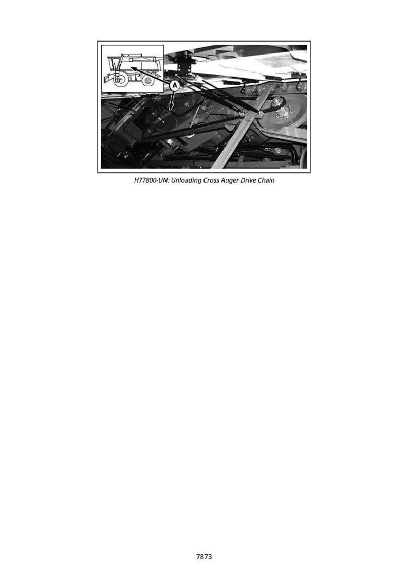 May include: Black and white diagram of a machine's internal components, including a cross auger drive chain. The diagram is labeled with the text "H77800-UN: Unloading Cross Auger Drive Chain."