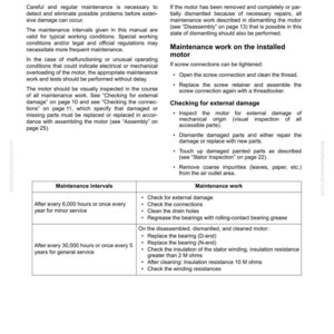 May include: A page from a manual detailing maintenance intervals and procedures for a motor. The text includes instructions for checking for damage, cleaning, and replacing parts. The document is titled "Maintenance intervals" and includes a table with specific maintenance tasks.