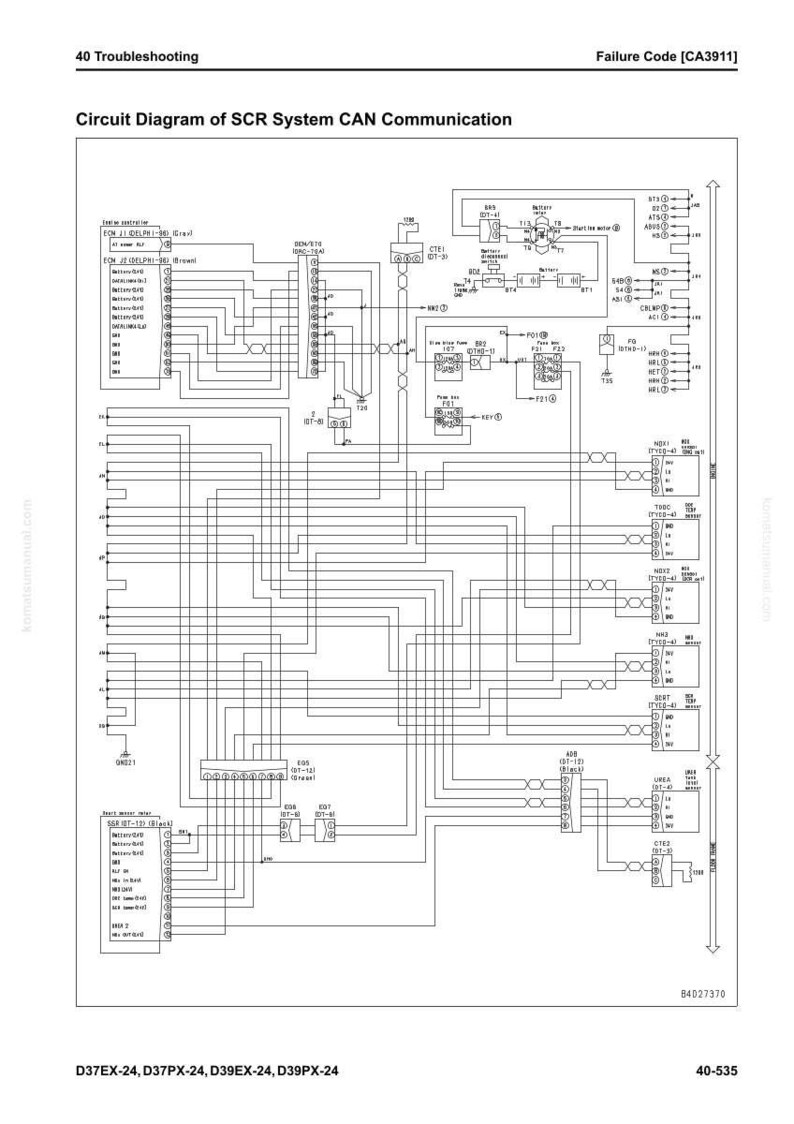 May include: A detailed circuit diagram of the SCR System CAN Communication, with the text "40 Troubleshooting" and "Failure Code [CA3911]" at the top. The diagram features numerous lines, boxes, and labels, with the model numbers D37EX-24, D37PX-24, D39EX-24, and D39PX-24 at the bottom.