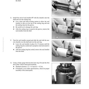 May include: A manual page with instructions for transmission overhaul. It features diagrams and text explaining the use of tools such as a pusher, seal installer, and feeler gauge. The images are in black and white, illustrating the assembly process.