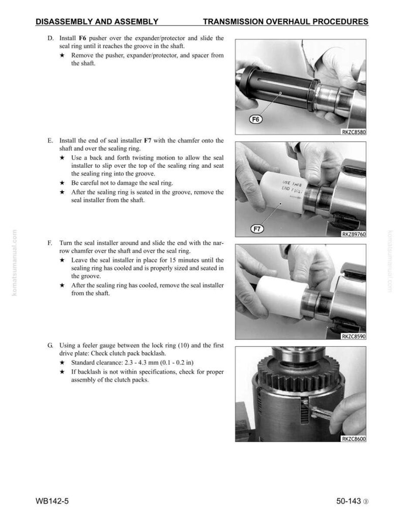 May include: A manual page with instructions for transmission overhaul. It features diagrams and text explaining the use of tools such as a pusher, seal installer, and feeler gauge. The images are in black and white, illustrating the assembly process.