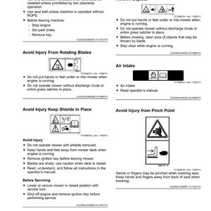 May include: Safety labels with warnings about mower operation. Includes instructions to avoid injury from rotating blades, thrown objects, and pinch points. Features diagrams and text for safe operation and maintenance.