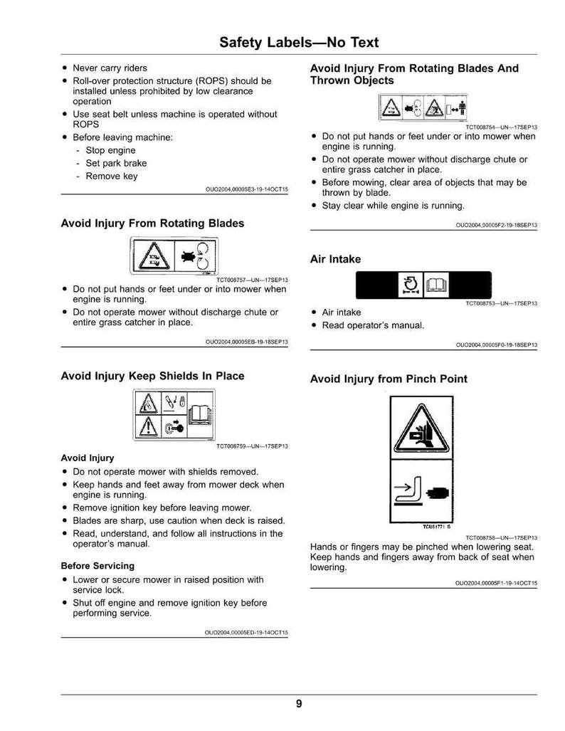 May include: Safety labels with warnings about mower operation. Includes instructions to avoid injury from rotating blades, thrown objects, and pinch points. Features diagrams and text for safe operation and maintenance.