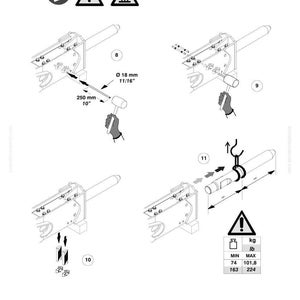 May include: Technical diagram with multiple views of a mechanical component assembly. Includes measurements in inches and pounds, along with safety symbols and the text "KOMATSU".