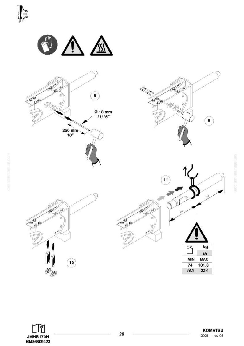 May include: Technical diagram with multiple views of a mechanical component assembly. Includes measurements in inches and pounds, along with safety symbols and the text "KOMATSU".