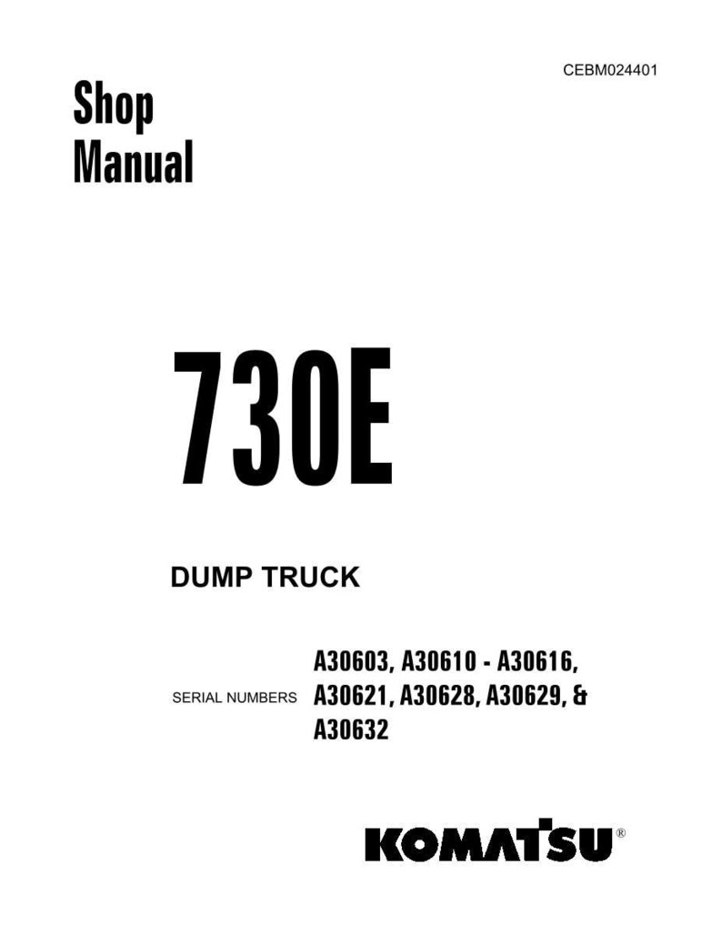 May include: A white shop manual cover with the text "Shop Manual" at the top, and "730E" in large, bold, black letters. Below, it reads "DUMP TRUCK". Serial numbers and the Komatsu logo are also visible.