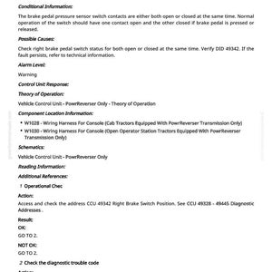 May include: A technical document with the title "CCU 003032.02 - Right Brake Pedal Switch Fault." The document includes information on the brake pedal pressure sensor, possible causes, and diagnostic steps. The text is in black font.