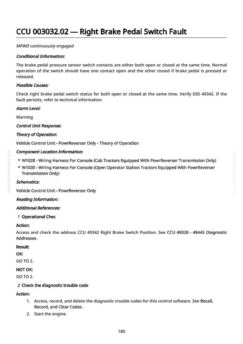 May include: A technical document with the title "CCU 003032.02 - Right Brake Pedal Switch Fault." The document includes information on the brake pedal pressure sensor, possible causes, and diagnostic steps. The text is in black font.