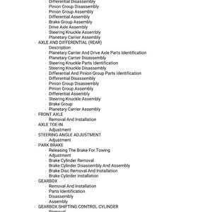 Puede incluir: Una lista de procedimientos de reparaci&oacute;n automotriz, incluyendo el desmontaje de la r&oacute;tula de direcci&oacute;n, la identificaci&oacute;n de piezas del grupo de frenos y el desmontaje del diferencial. El texto es claro y legible.