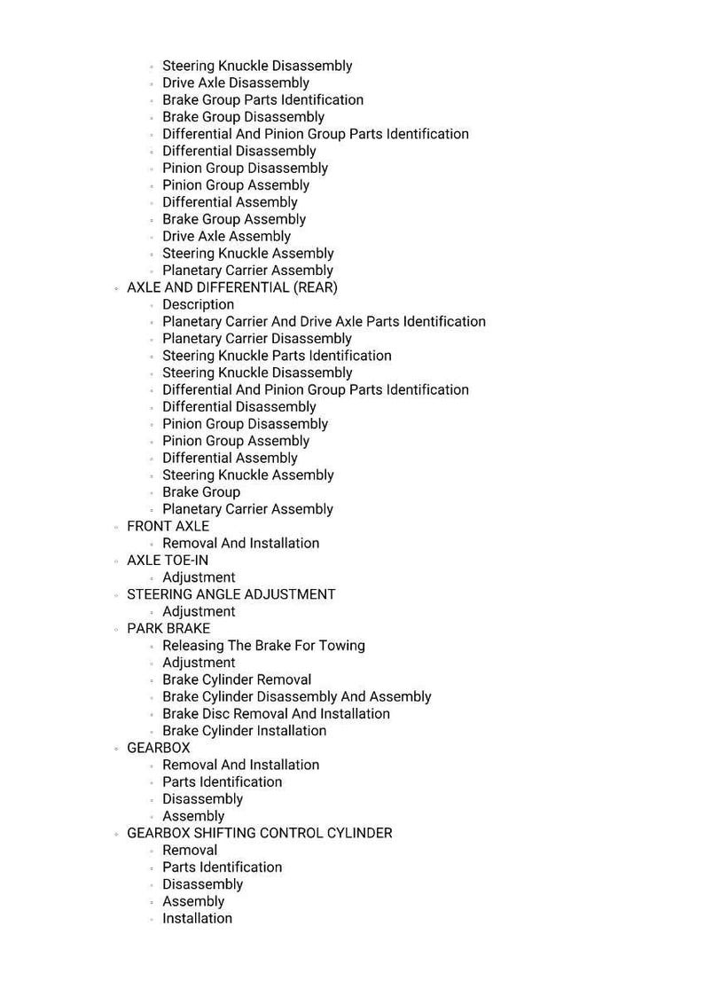 Puede incluir: Una lista de procedimientos de reparaci&oacute;n automotriz, incluyendo el desmontaje de la r&oacute;tula de direcci&oacute;n, la identificaci&oacute;n de piezas del grupo de frenos y el desmontaje del diferencial. El texto es claro y legible.