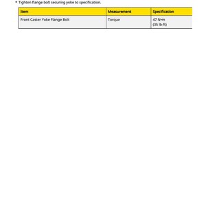 May include: A white document with yellow highlighted tables. The tables list items such as "Front Caster Wheel Lock Nut" and "Front Caster Yoke Flange Bolt", along with torque specifications of 47 N&middot;m (35 lb-ft). The document also includes the text "Tighten flange bolt securing yoke to specification."
