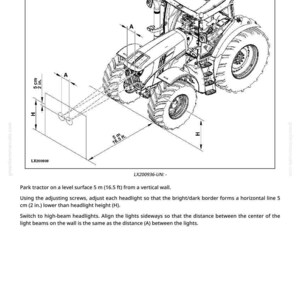 May include: Diagram of a tractor, detailing headlight adjustment with measurements. The image includes dimensions in cm and feet, with a note about a 5 m distance from a wall.