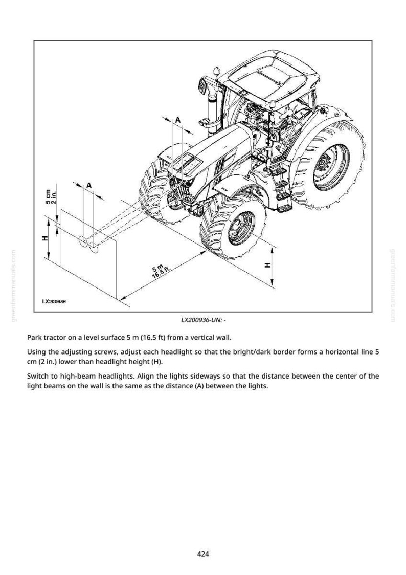 May include: Diagram of a tractor, detailing headlight adjustment with measurements. The image includes dimensions in cm and feet, with a note about a 5 m distance from a wall.