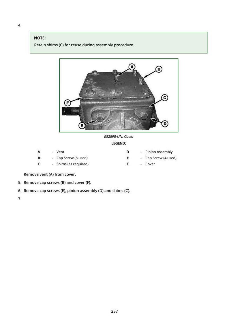 Op de afbeelding: Diagram van een mechanisch onderdeel met de aanduiding E52898-UN: Deksel. De afbeelding bevat een gedetailleerd beeld van het deksel met verwijzingen naar ontluchting, schroeven, vulplaten en tandwiel. Tekstinstructies zijn voorzien voor demontage.