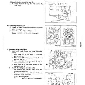 May include: Diagram from a manual showing engine components, including gears, bolts, and diagrams. The text includes instructions for installing and aligning parts, with measurements in Nm and kgm. The image is in black and white.