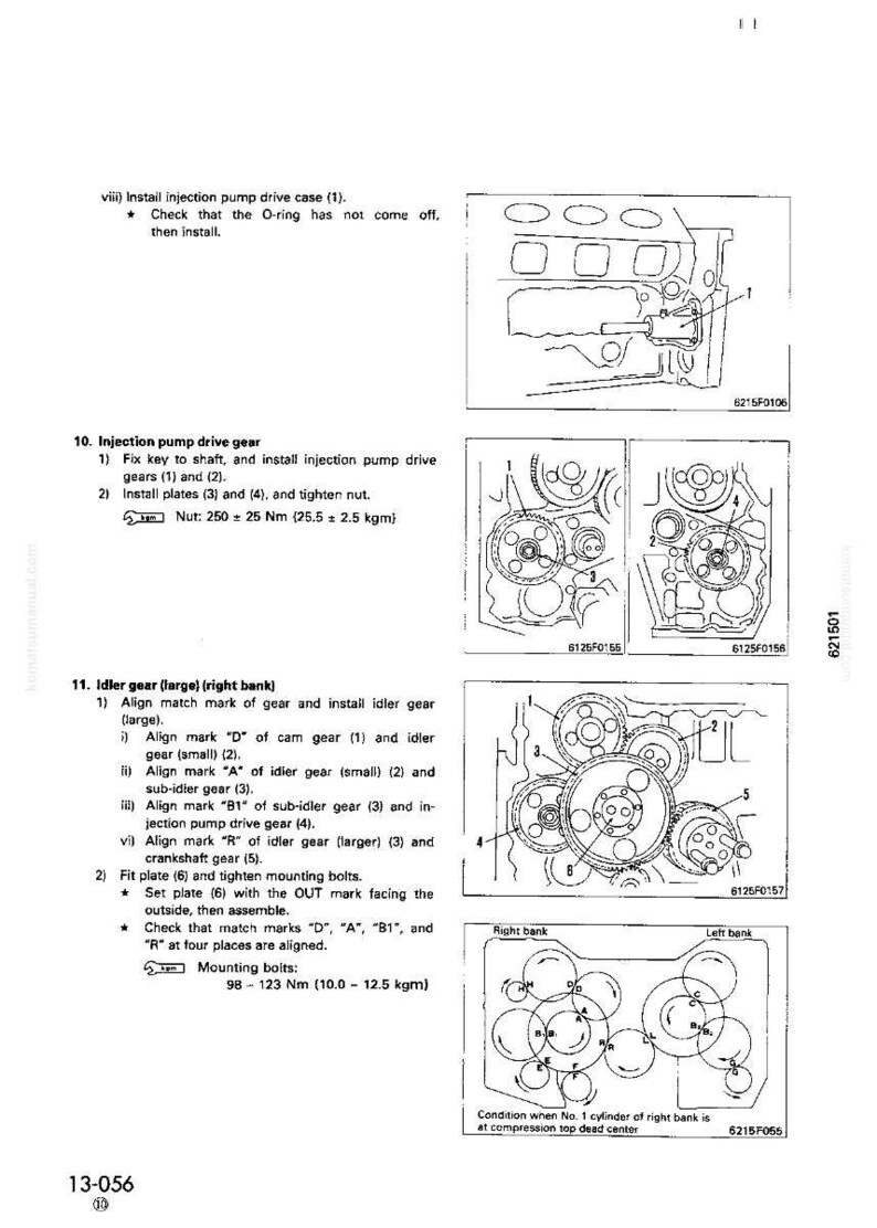 May include: Diagram from a manual showing engine components, including gears, bolts, and diagrams. The text includes instructions for installing and aligning parts, with measurements in Nm and kgm. The image is in black and white.