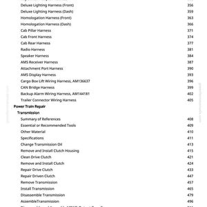 May include: A page from a manual with a list of automotive wiring harness names and related page numbers. The text includes terms like "Deluxe Lighting Harness," "Radio Harness," and "Transmission."